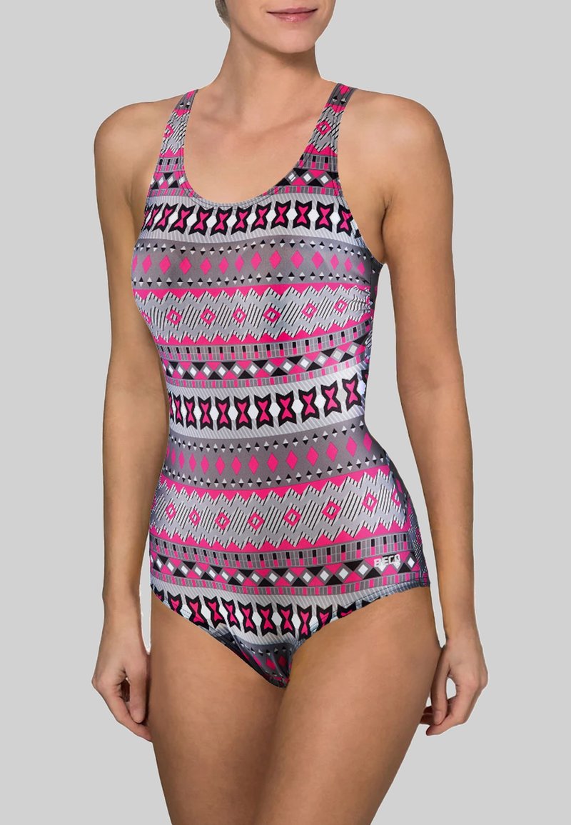 Maillot de bain une pièce gris avec des motifs géométriques roses et noirs. Doté de larges bretelles et d'un design ajusté pour le confort.
