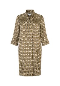Hemdkleid aus gemustertem Stoff in erdigem Braun und Weiß, mit Kragen, Dreiviertelärmeln und lässiger Passform.