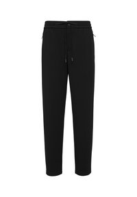 Zwarte casual broeken met een elastische tailleband, trekkoord, knoopsluiting en zijritszakken, ontworpen voor comfort en stijl.