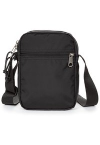 Borsa a tracolla nera in nylon con tasca frontale con zip, tracolla regolabile, forma quadrata e superficie liscia. Design compatto e leggero.