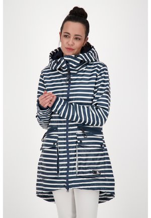 Navy and white striped raincoat with a hood, zip closure, two front pockets, and adjustable toggles. Lightweight, glossy finish.