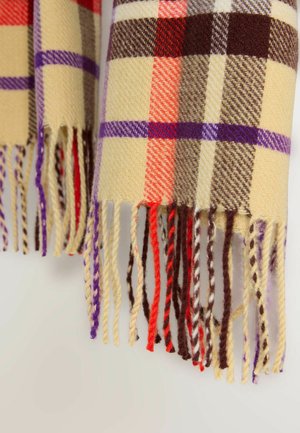 Šalikas su tartano raštu iš smėlio spalvos, raudonos, purpurinės ir rudos vilnos, puoštas ilgais kutais, kurių spalvos ir tekstūros skiriasi.