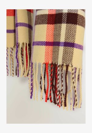 Šalikas su tartano raštu iš smėlio spalvos, raudonos, purpurinės ir rudos vilnos, puoštas ilgais kutais, kurių spalvos ir tekstūros skiriasi.