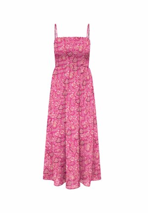 Robe maxi rose avec des bretelles fines ajustables, un corsage smocké, et un motif floral comportant différentes nuances de rose et des accents dorés.