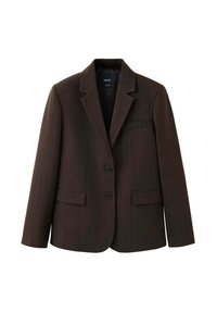 Blazer marron foncé à fines rayures, avec deux boutons, revers en encoche et poches à rabats, présenté sur fond blanc.