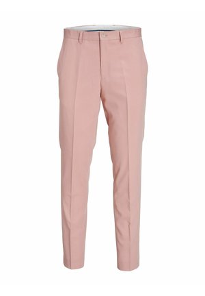 Pantalones de mezcla de lana rosa con un ajuste adaptado, que presentan dos pliegues frontales, una cremallera y lazos para cinturón. Textura suave y forma ajustada.