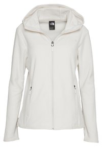 D women's Fleece-Jacke in Weiß von North Face mit Kapuze, durchgehendem Reißverschluss und seitlichen Reißverschlusstaschen.
