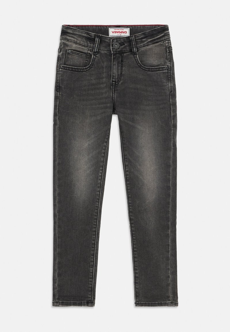 Slim fit fekete, mosott farmernadrág elöl és aprópénz tároló zsebekkel, gombos záródással és piros szegéllyel ellátott derékpánt címkével.