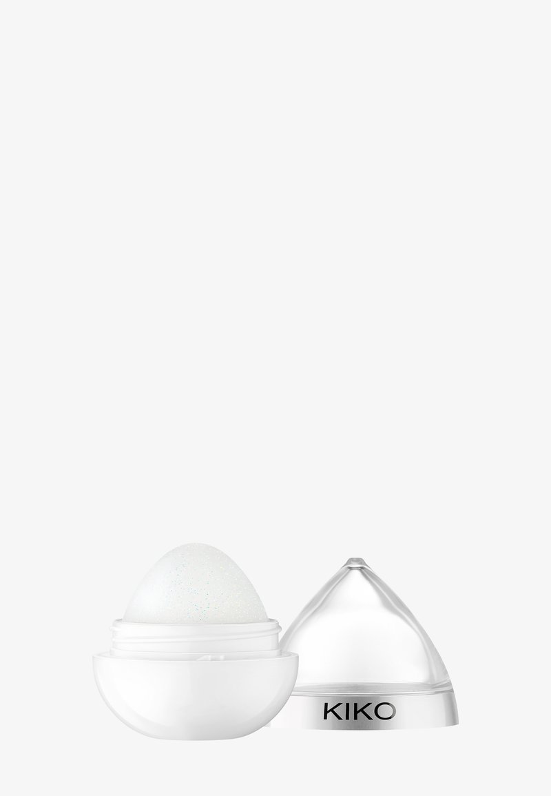 Spherical white lip balm with blue speckles in a white base, next to a clear, cone-shaped cap with "KIKO" branding on the rim.