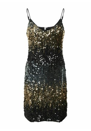Černé a zlaté šaty s flitry, tenkými ramínky a ombre efektem, který přechází ze zlaté v horní části do černé ve spodní části. Elegantní, přiléhavý střih.