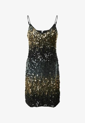 Black and gold sequined dress with thin straps, featuring an ombre effect from gold at the top to black at the bottom. Sleek, fitted design.