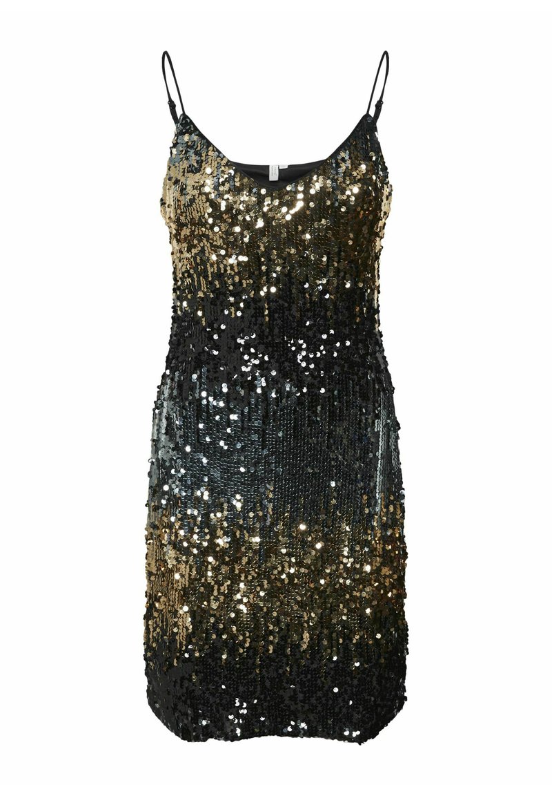 Czarna i złota sukienka z cekinami, z cienkimi ramiączkami, z efektem ombre przechodzącym od złota na górze do czerni na dole. Elegancki, dopasowany fason.