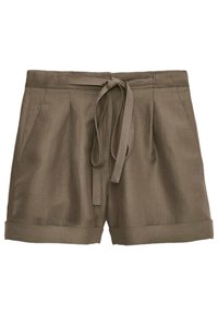 Khaki shorts made of linen with a tie waist, pleats at the front, and folded cuffs. Lightweight fabric with a smooth texture.