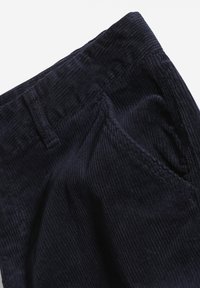 Pantaloni di velluto a coste blu navy con righe verticali, dotati di una tasca anteriore e dettagli cuciti in vita e ai bordi.