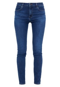 Slim jeans i mörk tvättad denim, hög midja, med fem fickor, kontrasterande sömmar och klassisk knappgylf.