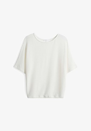 Top bianco a maniche corte con scollatura rotonda, caratterizzato da un tessuto intrecciato e testurizzato e una vestibilità ampia, adatto per un abbigliamento casual.