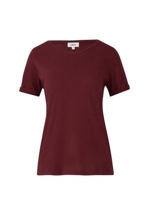 Bordeaux rotes T-Shirt mit kurzen Ärmeln aus weicher Baumwolle. Mit einem runden Ausschnitt und umgeschlagenen Ärmeln. Einfaches, klassisches Design ohne Muster.
