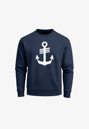 Navy blue sweatshirt made of soft material, featuring a large white anchor graphic at the center. Long sleeves and ribbed cuffs.
