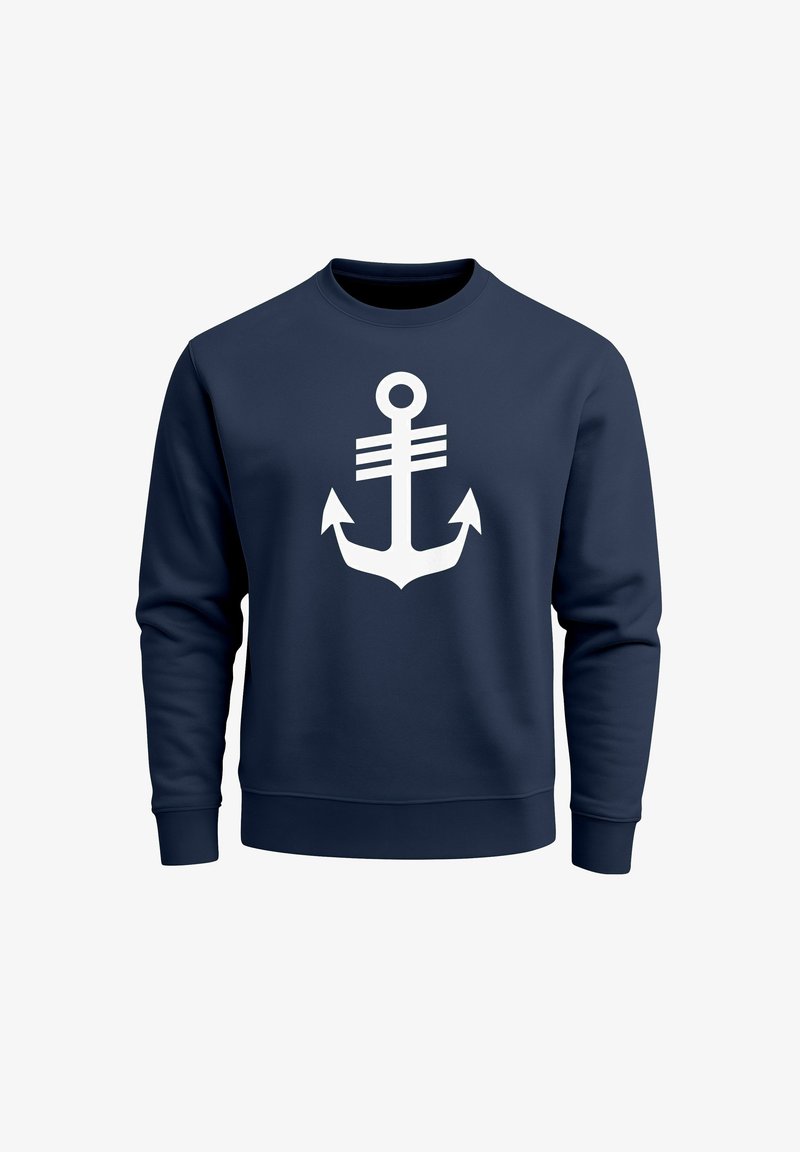 Marineblauer Pullover aus weichem Material, mit großem weißem Anker-Motiv in der Mitte. Lange Ärmel und gerippte Bündchen.