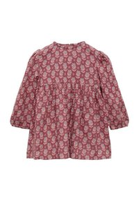 Rüschiges burgunderfarbenes Kleid mit langen Ärmeln, das mit einem floralem Muster in Blau und Weiß versehen ist. Der Stoff hat eine weiche Textur und eine geraffte Taille.