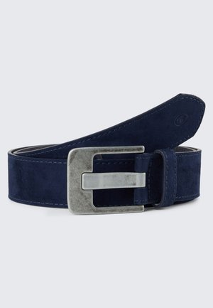 Tumesinine suede vööt tekstuuriga viimistlusega, millel on matt metallist lõpp, õmmeldud servad ja sile sisevooder.