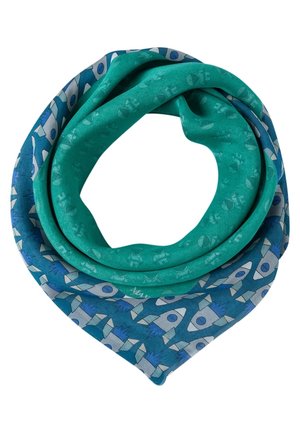 Niebieski i morski szalik z tkaniny z wzorem białych i niebieskich rakiet oraz subtelnymi powtarzającymi się motywami tekstowymi, złożony w kształt koła.