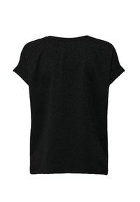 Sort kortærmet T-shirt med en let struktureret stof og spraglete detaljer. Flatterende løs pasform, rund halsudskæring og buet kant.
