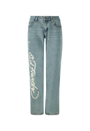 Jeans de mezclilla de color azul claro con corte recto, que presentan un gran logo en letra blanca en la pierna izquierda y diseño estándar de cinco bolsillos.