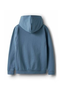 En enfärgad blå hoodie med långa ärmar, ribbad manschett och midja, visad bakifrån mot en vit bakgrund.