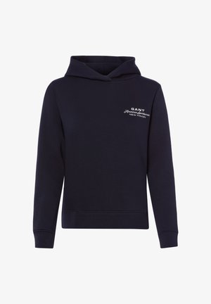 Sweat à capuche bleu marine avec manches longues, poche avant et texte blanc "GANT American sportswear NEW HAVEN" sur la poitrine gauche.