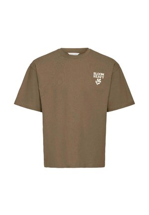 Olive green, short-sleeve t-shirt made of soft cotton, featuring a small white "BLOOM HEAVY" graphic and leaf design on the left chest.
