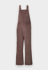 Salopette in corduroy marrone con spalline regolabili, gambe larghe e texture a righe verticali. Presenta tasche laterali e una vestibilità comoda.