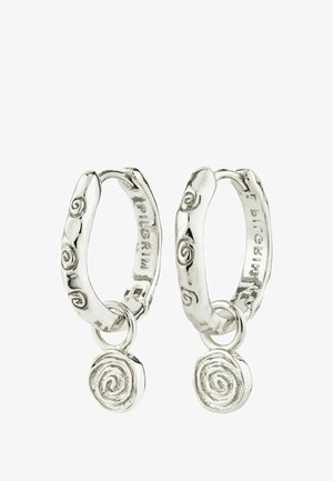 Silver hoop earrings with a twisted design, featuring a spiral charm dangling from each earring. Smooth metallic texture with shiny finish.