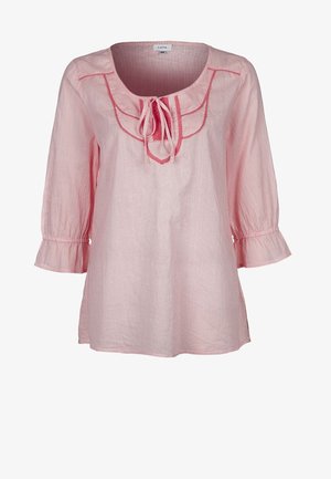 Light pink blouse with three-quarter ruffle sleeves, a round neckline, and a tie detail. Vertical white stripes and textured fabric.