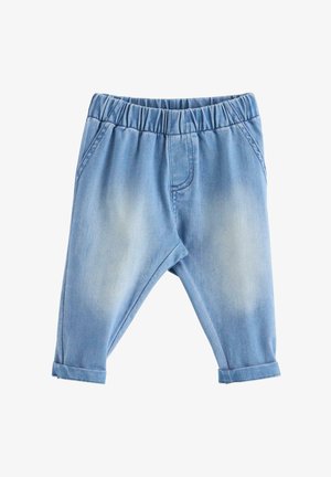 Jasnoniebieskie dżinsowe spodnie z elastyczną talią, zrolowanymi mankietami i dwoma kieszeniami bocznymi. Charakteryzują się wyblakłą fakturą i swobodnym stylem.