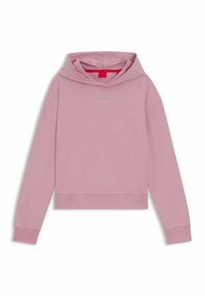 Ljusrosa kort hoodie tillverkad av mjukt tyg. Har en huva, långa ärmar och en liten broderad logotyp på bröstet. Fint mönster.
