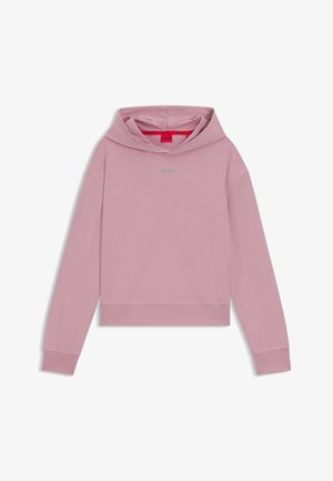 淡粉色短款连帽衫,采用柔软面料制成。具有兜帽、长袖和胸前小刺绣标志,细纹图案。