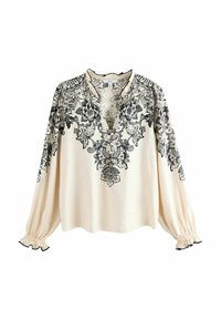 Bluza crem cu broderie Florala neagra, de tip v-neck, cu maneci lungi tip balon si mansete cu volane. Material usor, cu o textura lina.