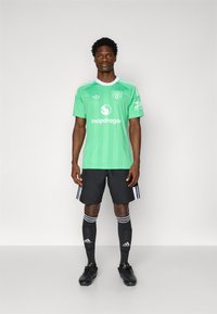 Zöld focimez fehér részletekkel, csíkokkal, logóval és szponzor felirattal. Fekete rövidnadrággal és térdig érő focizoknival párosítva.