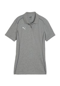 Grau Polohemd aus weichem Stoff, mit klassischem Kragen, kurzen Ärmeln und kontrastierender weißer Naht entlang der Seiten und des Logos.