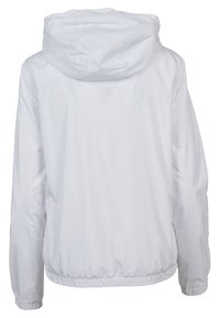 Giacca bianca, leggera, con cappuccio, realizzata in un materiale liscio e resistente all'acqua, con polsini elasticizzati e orlo arricciato per una vestibilità aderente.