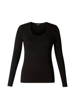 Zwarte nauwsluitende lange mouw shirt met ronde hals, frontaal weergegeven op een witte achtergrond.