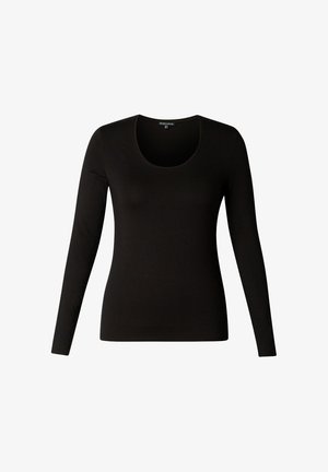 Zwarte nauwsluitende lange mouw shirt met ronde hals, frontaal weergegeven op een witte achtergrond.