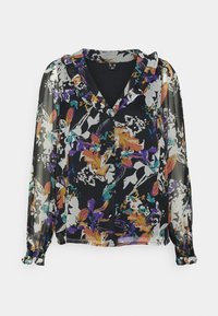 Blusa preta transparente com estampado floral colorido, mangas longas e gola em V. Apresenta punhos franzidos no pulso.