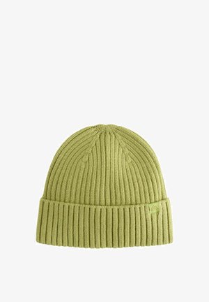 Beanie a coste, lavorato a maglia in verde chiaro. Presenta un risvolto e una piccola etichetta con il logo sul lato. Realizzato in materiale morbido e testurizzato.