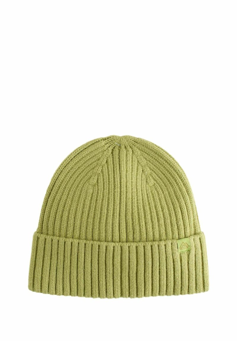 Bonnet en tricot à côtes de couleur vert clair. Il présente un revers et une petite étiquette de logo sur le côté. Fabriqué en matériau doux et texturé.