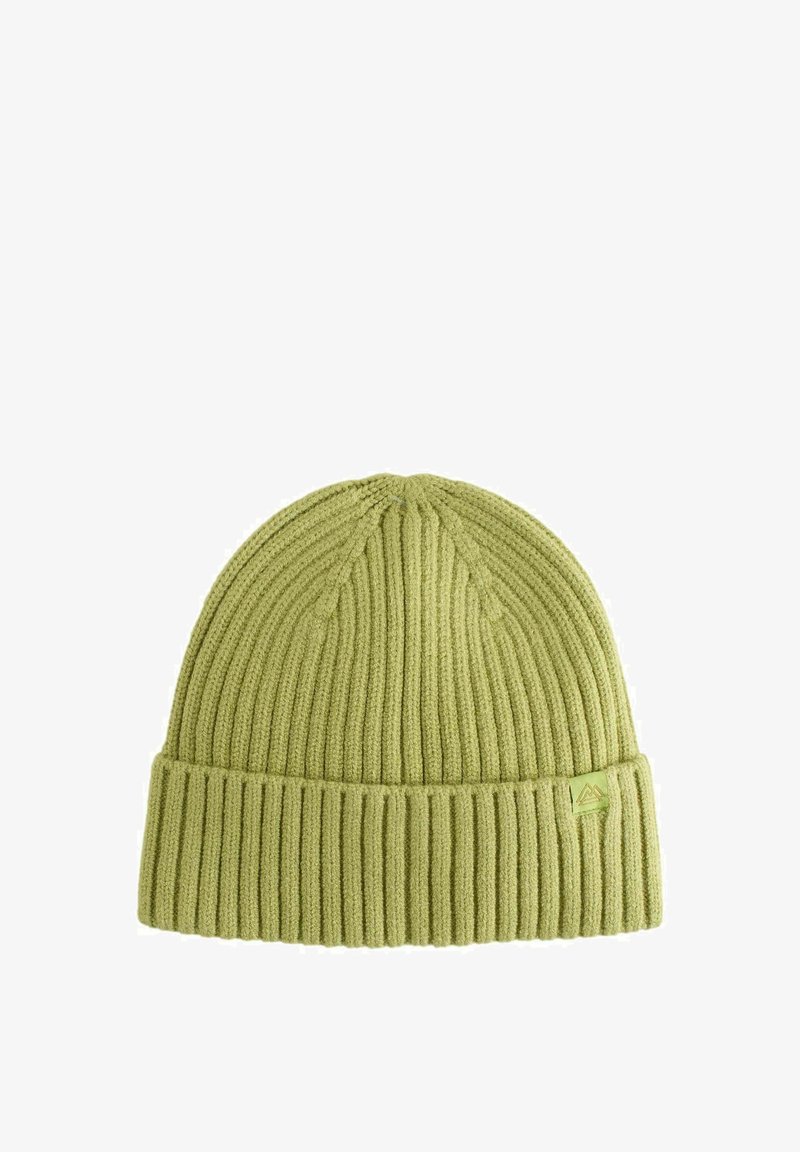 Bonnet en tricot à côtes de couleur vert clair. Il présente un revers et une petite étiquette de logo sur le côté. Fabriqué en matériau doux et texturé.