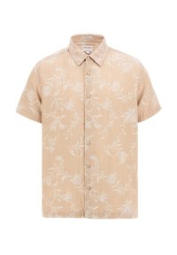 Camisa de manga corta beige con patrones florales blancos. Diseño de botones en la parte delantera y corte regular. Textura suave con un cuello sencillo.