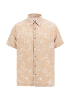 Camicetta beige a maniche corte con motivi floreali bianchi. Chiusura con bottoni frontale e design slim fit. Tessuto morbido con colletto semplice.