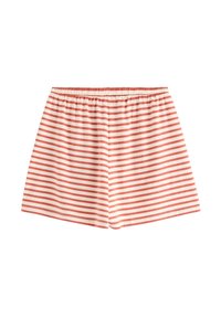 Pantaloni corti di cotone a righe rosse e bianche con elastico in vita, caratterizzati da una morbida texture e un design a vestibilità ampia.